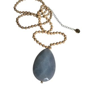 Vintage Long Wood Bead Large Agate Pendant Necklace Adjustable Boho